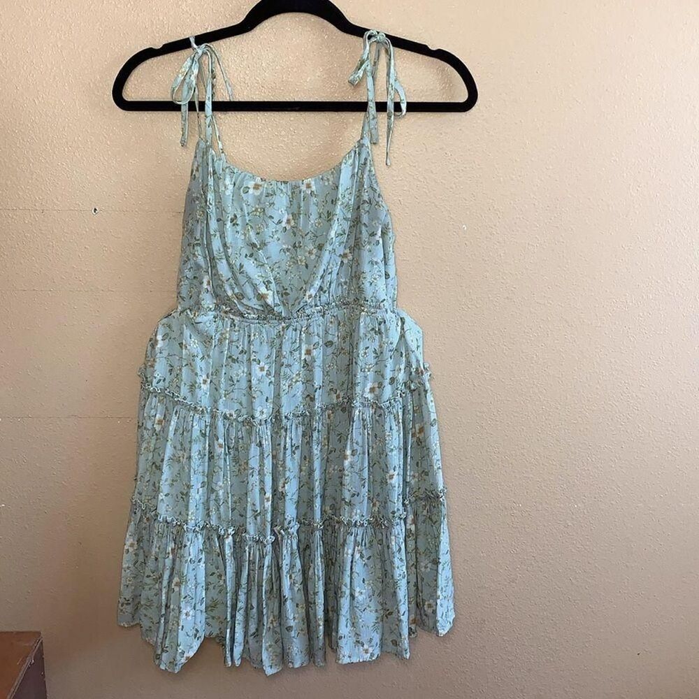 Sage Green Floral Tiered Babydoll Mini Dress Medium Cottagecore Summer